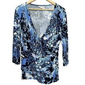 Coldwater Creek Wrap Top Womens L 14 Blue Print Faux Wrap Ruched 3/4 Sleeve